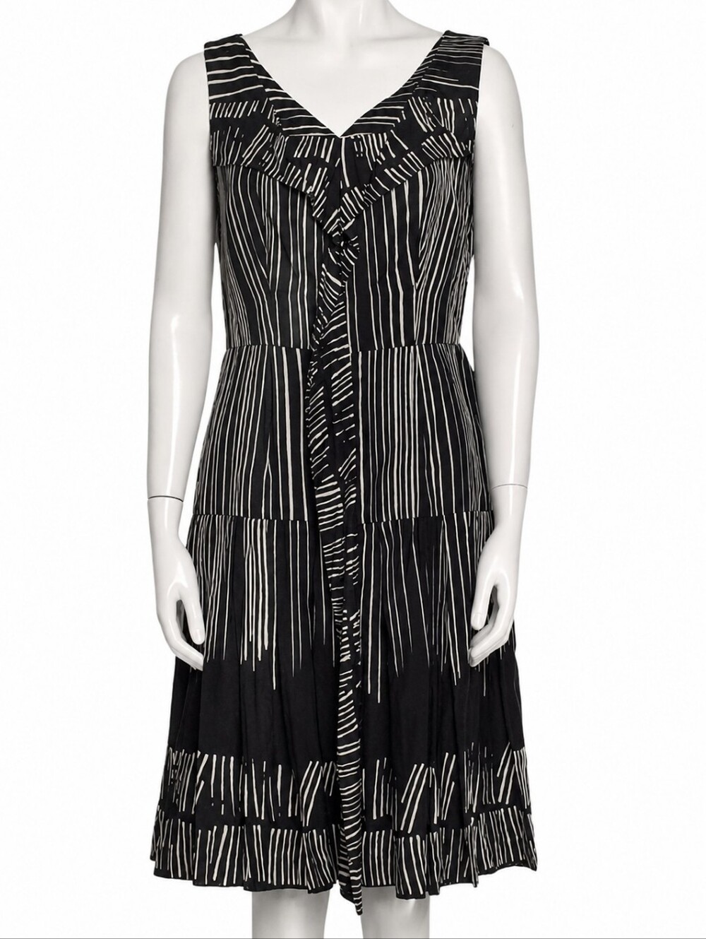 OSCAR DE LA RENTA | Silk Abstract Stripe Fit Flare Dress Black Ivory Size US 0